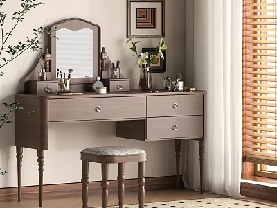 Natural Wooden Dressing Table with Mirror Padded Stool Decorative Items Near Window with Blinds 3d model