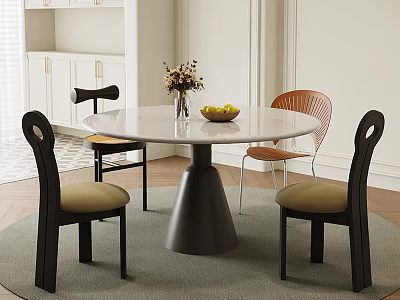 Round Dining Table Set With Marble Top Four Chairs Flower Vase Fruit Bowl and Rug 3d model