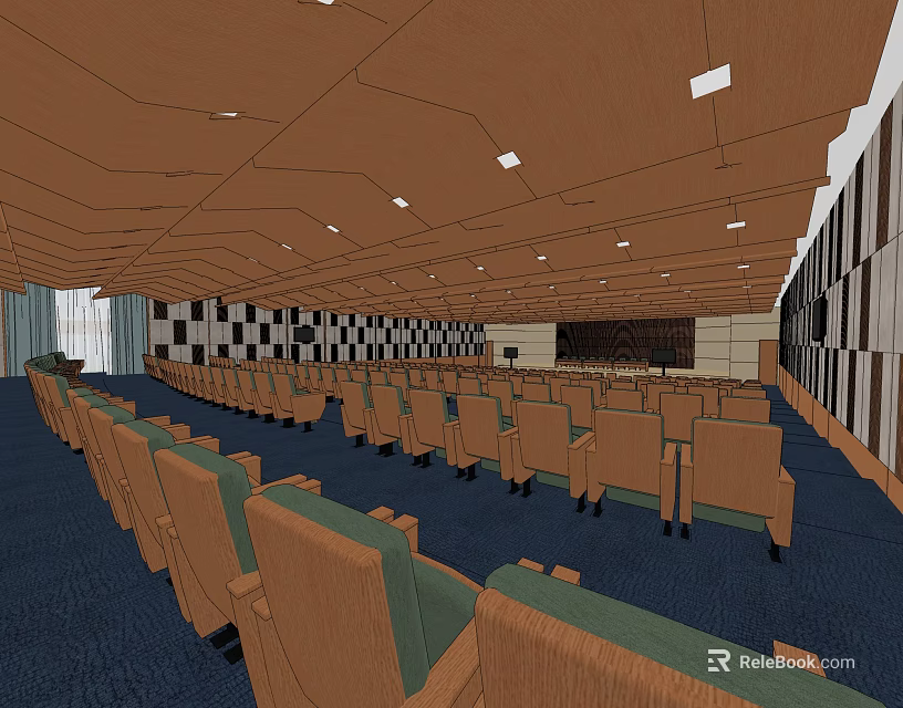 Large Conference Room Interior Featuring Seating Rows Blue Carpet Wooden Ceiling and Checkerboard Walls 3d model 
