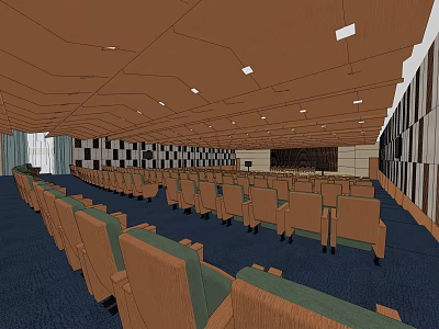 Large Conference Room Interior Featuring Seating Rows Blue Carpet Wooden Ceiling and Checkerboard Walls 3d model