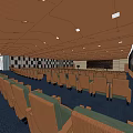 Large Conference Room Interior Featuring Seating Rows Blue Carpet Wooden Ceiling and Checkerboard Walls