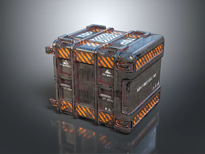Rustic Industrial Metal Crate Featuring Orange Black Warning Stripes And Latches 3d model