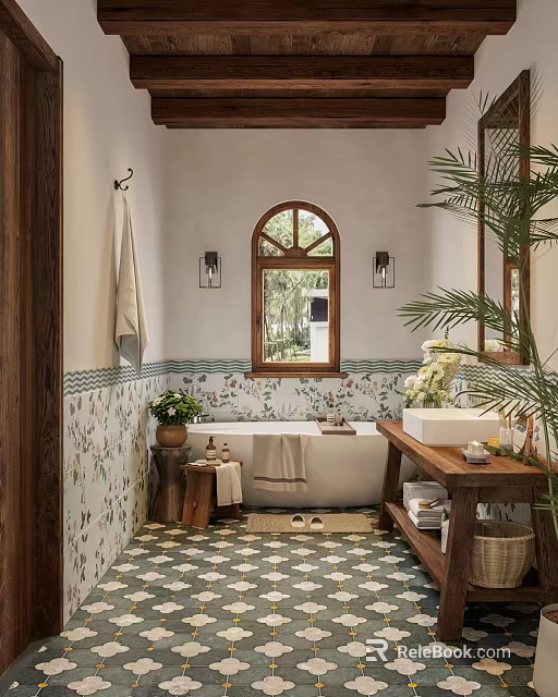 Bathroom Interior Design With Arched Window Patterned Tiles Freestanding Bathtub And Green Plants 3d model 