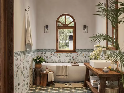 Bathroom Interior Design With Arched Window Patterned Tiles Freestanding Bathtub And Green Plants 3d model