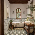 Bathroom Interior Design With Arched Window Patterned Tiles Freestanding Bathtub And Green Plants