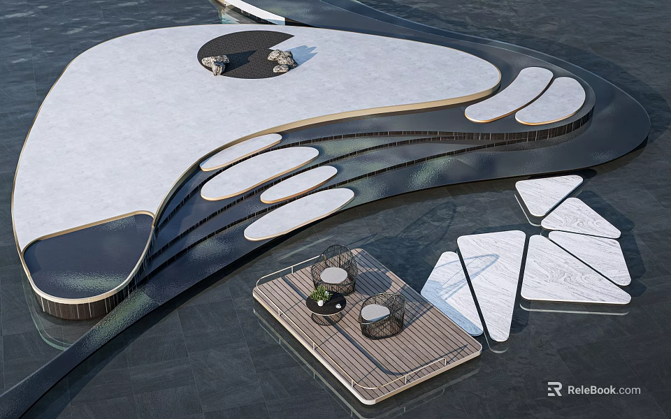 Modern Stepping Stones Path With Irregular White Slabs Water Feature And Wooden Deck 3d model 
