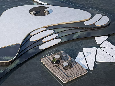 Modern Stepping Stones Path With Irregular White Slabs Water Feature And Wooden Deck 3d model