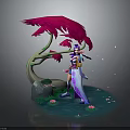 Female Character In Purple Blue Outfit With Red Tree Floating Lotus Petals And Water Area