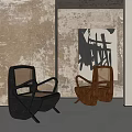 Modern Artistic Single Chairs Black Wicker Brown Wooden With Textured Wall Abstract Painting