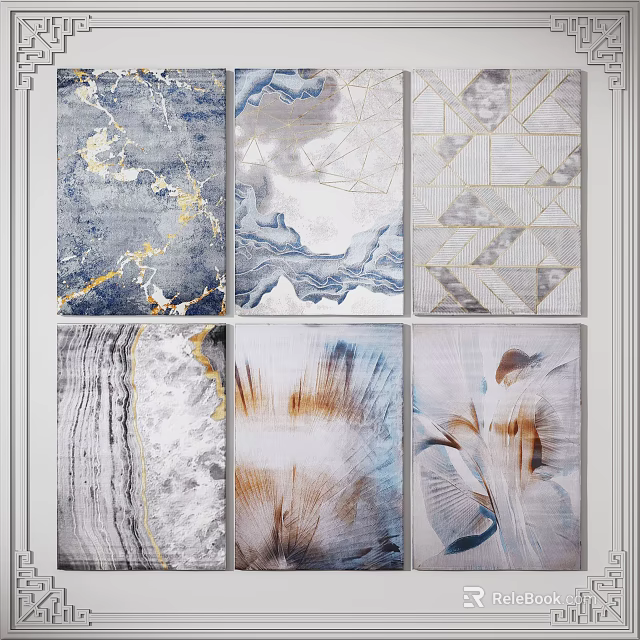 Modern Square Rugs with Geometric Patterns Blue Gray Gold Marble and Feather Textures 3d model