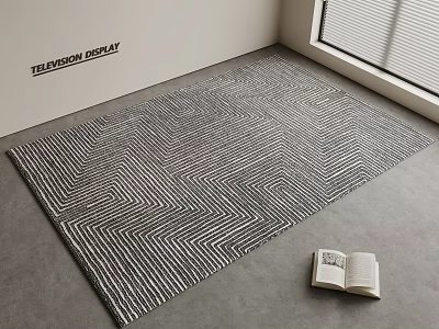 Black and White Herringbone Pattern Square Rug on Gray Floor with Open Book 3d model