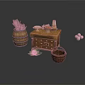 Rustic Kitchen Setup With Wooden Barrel Chest Chopsticks Food Plate Clay Pot Eggs And Vegetables