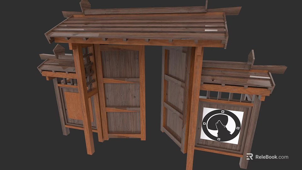 Traditional Wooden Gate With Classic Roof Symmetrical Carved Panels And Decorative Sign 3d model 
