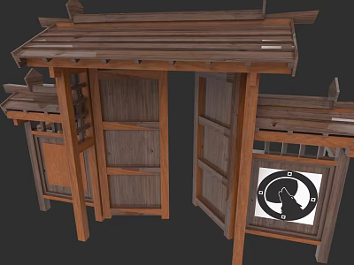 Traditional Wooden Gate With Classic Roof Symmetrical Carved Panels And Decorative Sign 3d model