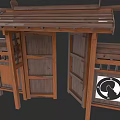 Traditional Wooden Gate With Classic Roof Symmetrical Carved Panels And Decorative Sign