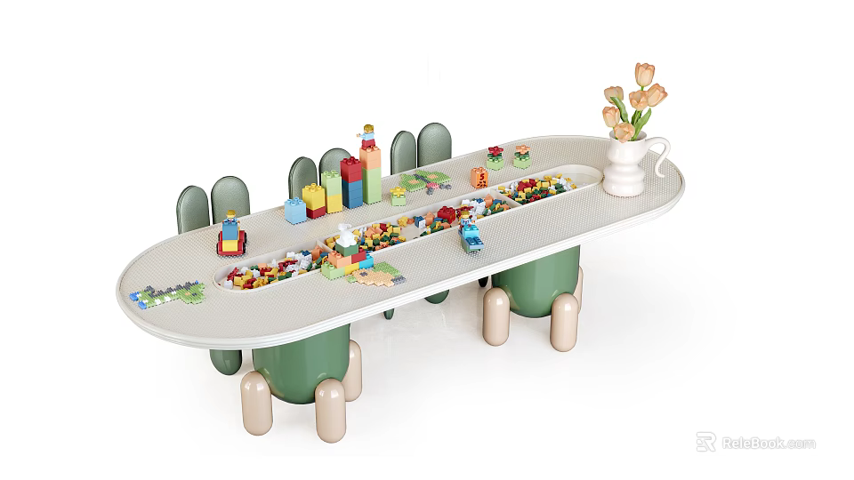 Stylish Multifunctional Kids Play Table With Building Block Storage And Supporting Chairs For Indoor Activities 3d model 
