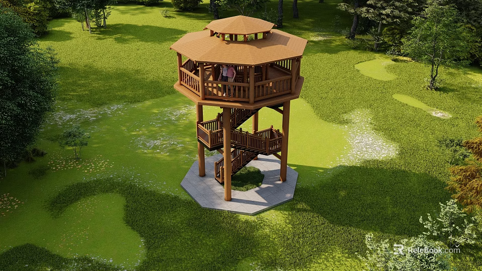 Two Story Wooden Tower With Spiral Staircase In Green Grass Park 3d model 