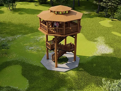 Two Story Wooden Tower With Spiral Staircase In Green Grass Park 3d model