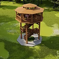 Two Story Wooden Tower With Spiral Staircase In Green Grass Park