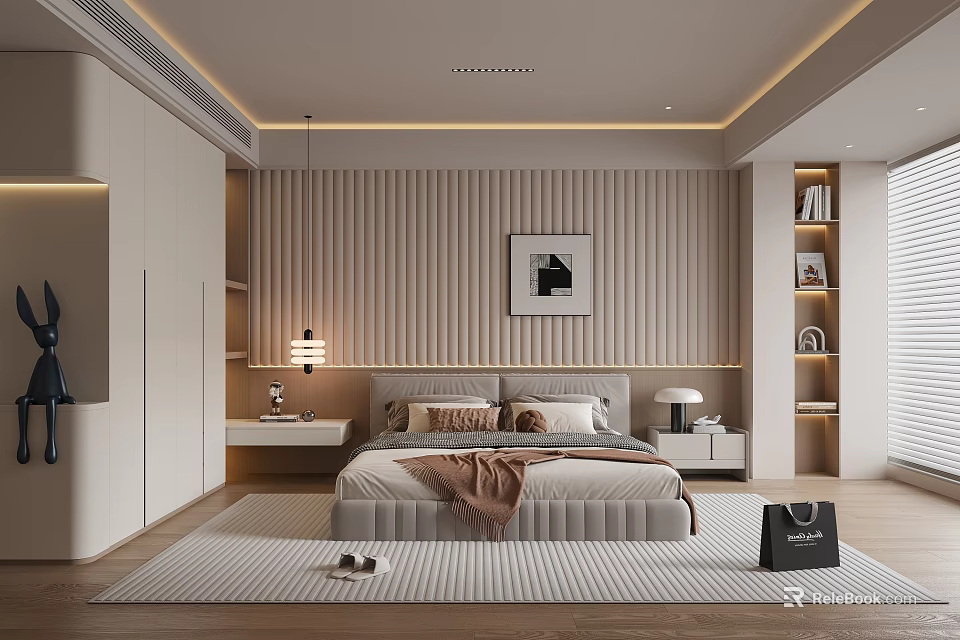 Modern Bedroom Interior Design With Bed Wooden Panel Wall Bedside Tables And Framed Painting 3d model 