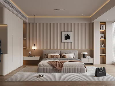Modern Bedroom Interior Design With Bed Wooden Panel Wall Bedside Tables And Framed Painting 3d model