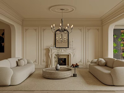 Classic Living Room Interior With Elegant Chandelier Fireplace Two Sofas And Round Coffee Table 3d model