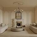 Classic Living Room Interior With Elegant Chandelier Fireplace Two Sofas And Round Coffee Table