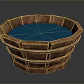 Children Playing with Wooden Octagonal Bucket Filled with Blue Water