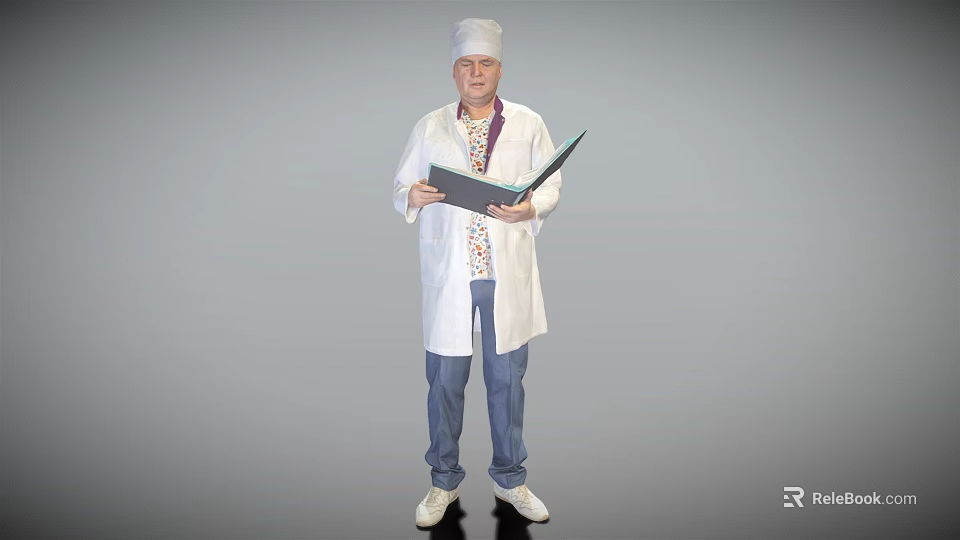 Man in Doctor Uniform With White Coat Holding Medical Folder Against Gray Background 3d model 