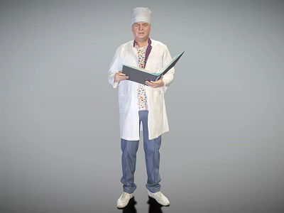 Man in Doctor Uniform With White Coat Holding Medical Folder Against Gray Background 3d model