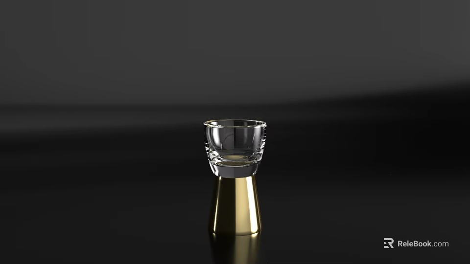 Modern Elegant Transparent Wine Glass With Golden Base On Black Tabletop 3d model 