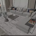 Elegant Modern Sofa And Coffee Table Set With Decorative Cushions Side Table On Gray Rug 3d model