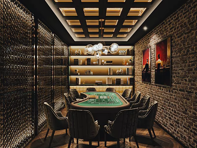 Elegant Hotel Mahjong Room With Green Felt Table Comfortable Chairs Bookshelves And Brick Walls 3d model