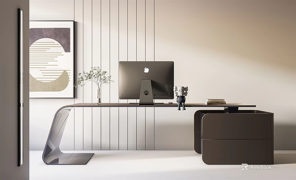 Elegant Modern Office Desk Interior With Apple iMac Vase Plant And Decorative Painting 3d model 
