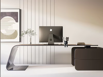 Elegant Modern Office Desk Interior With Apple iMac Vase Plant And Decorative Painting 3d model