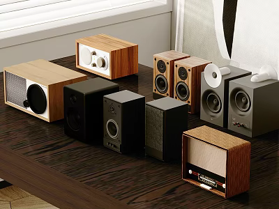 Stylish Headphones and Speakers with Various Wooden and Black Designs Placed on Wooden Table 3d model