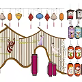 Traditional Chinese Lanterns With Diverse Patterns Hanging On Bamboo Decorative Structure 3d model