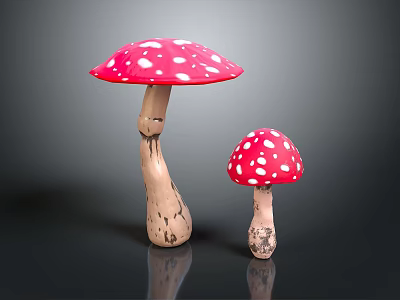 Large and Small Red Mushrooms with White Spots and Brown Stems on Black Background 3d model