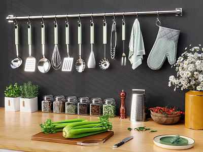 Organized Hanging Kitchen Utensils With Spice Jars Fresh Vegetables And Cutting Board On Countertop 3d model