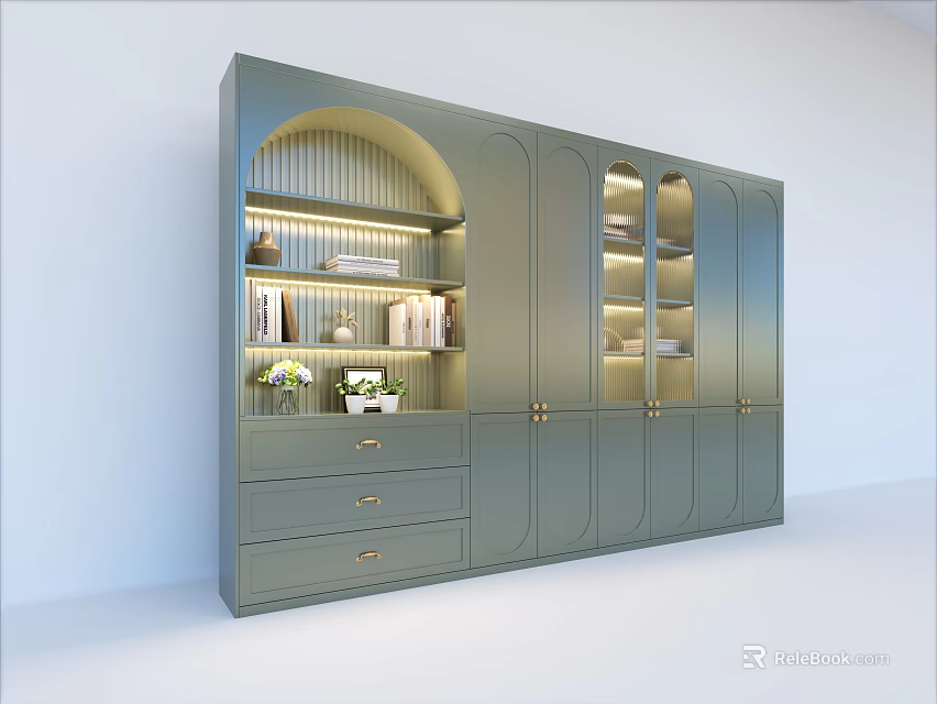 Green Arched Bookshelf with Glass Doors Drawers and Interior Lighting for Books and Decor 3d model 
