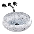 Transparent Textured Crystal Washbasin With Black Wall Mounted Faucet And Flowing Water