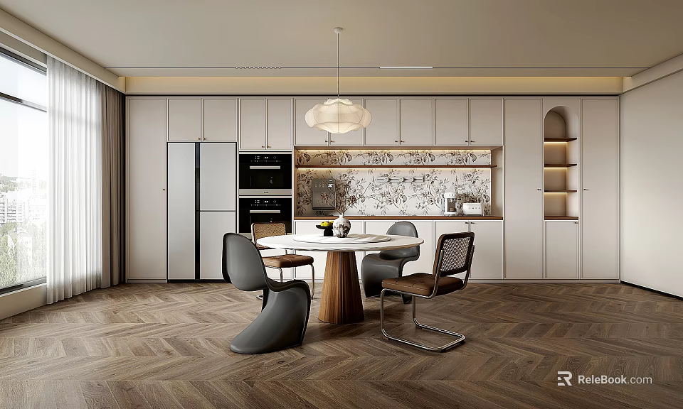 Elegant Modern Restaurant Interior With Round Dining Table And Herringbone Floor 3d model 