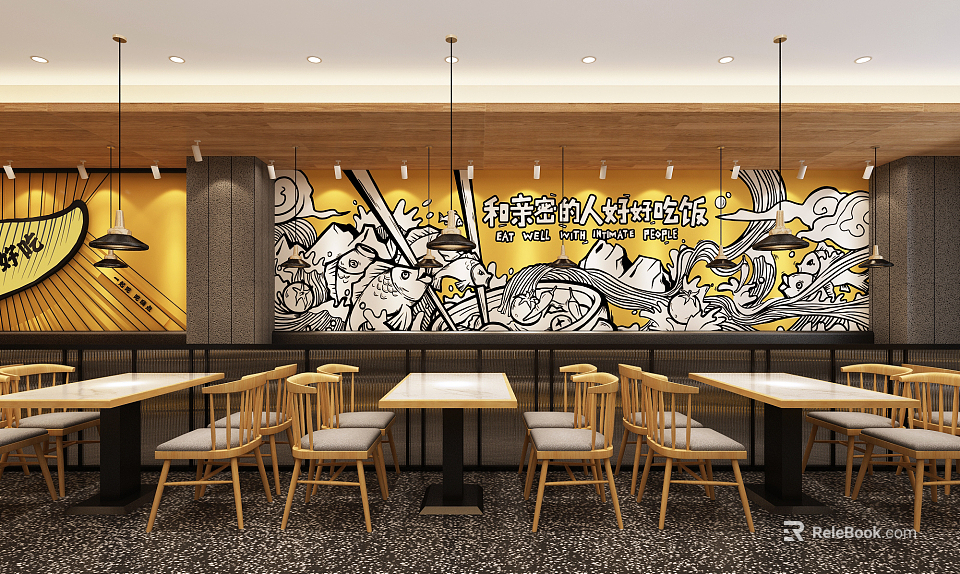 New Style Restaurant Interior With Graffiti Mural Wooden Chairs And Tables 3d model 