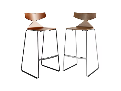 Set Of Two Modern Bar Stools With Wooden Seat Metal Frame And Ergonomic Backrest 3d model