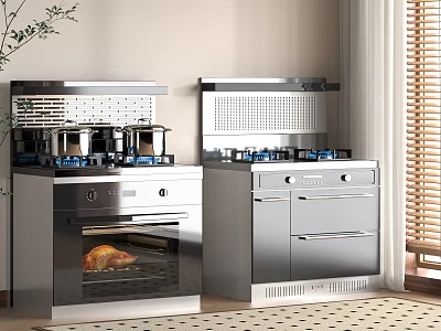 Modern Stainless Steel Kitchen Gas Stove Oven Appliances With Roasted Chicken 3d model