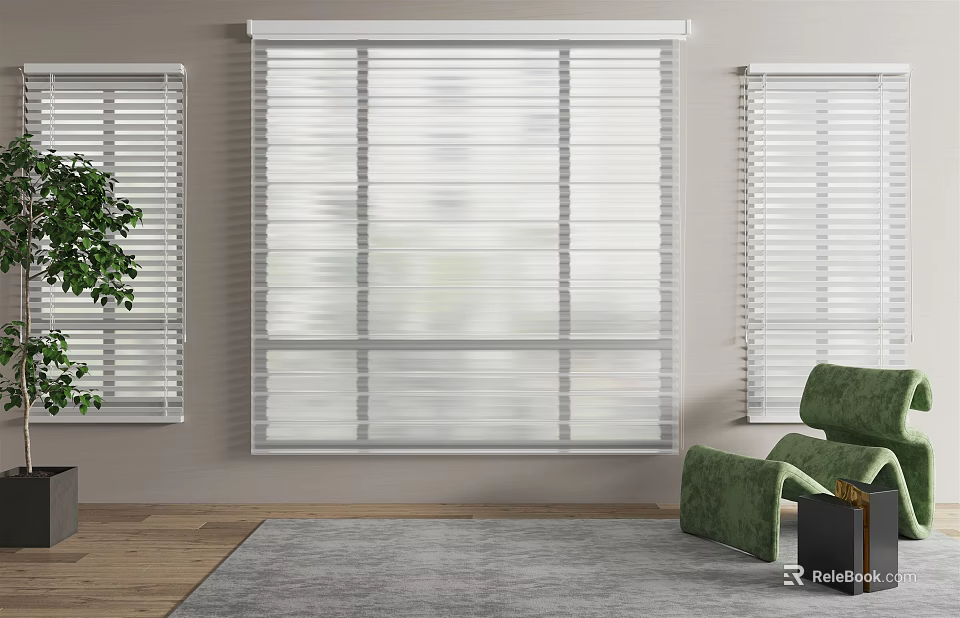 Modern White Window Blinds In Living Room With Green Chair And Area Rug 3d model 