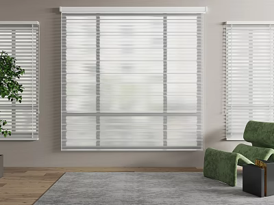 Modern White Window Blinds In Living Room With Green Chair And Area Rug 3d model