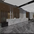 Hotel Lobby Interior With Wooden Walls Marble Reception Desk Pendant Lights And Sofa Seating Area