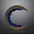 Crescent Shaped Wooden Decorative Household Item With Carved Patterns Blue Interior And Strings