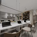 Front Desk Reception Area With Modern Design Wooden Counter And Stylish Chandelier Lighting